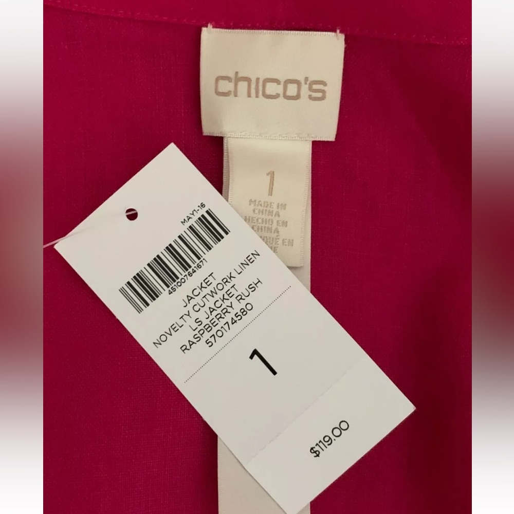 NWT Chico's 1 Novelty Cutwork Linen Jacket Embroidered Raspberry - Picture 8 of 8
